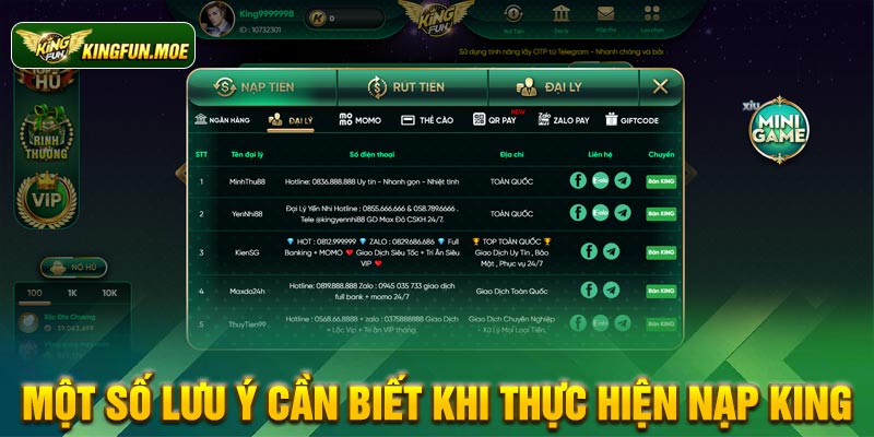 Một số lưu ý cần biết khi thực hiện nạp King